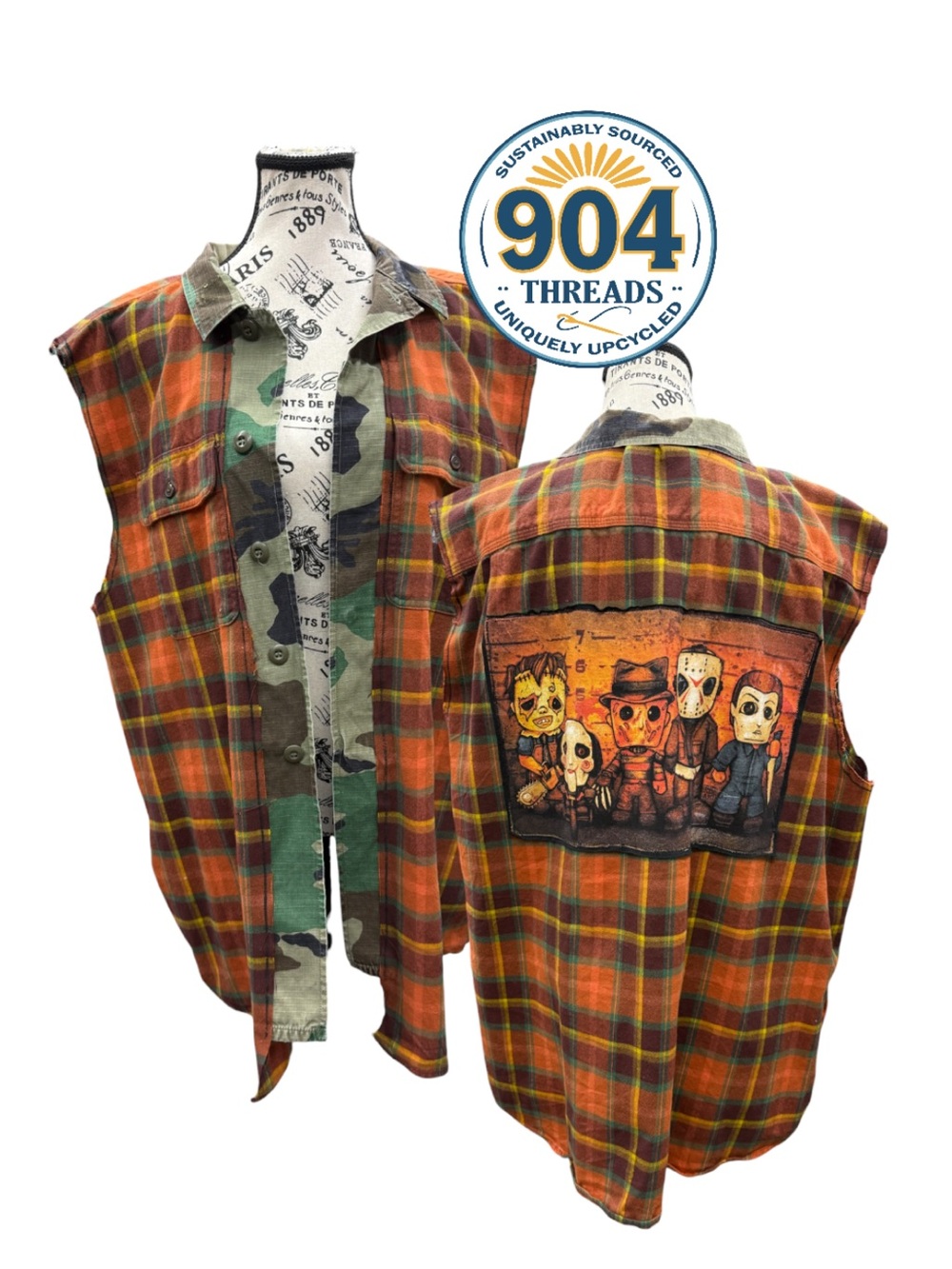 Upcycled Carhartt Horror Movie Flannel Vest Sleeveless Plaid Camo Unisex
